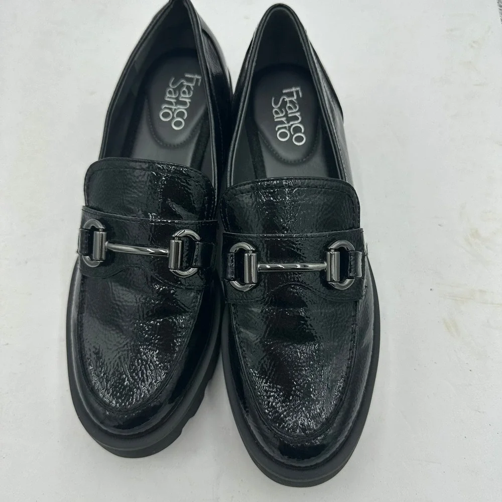Franco Sarto Womens Y2K Chunky Heel Black Crinkle Patent Lug Sole Bit Loafers 7M